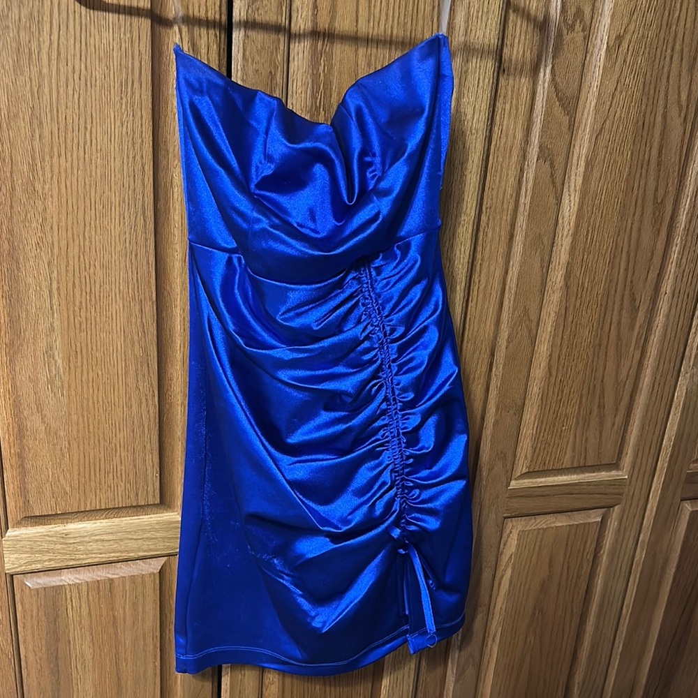 Vibrant Blue Asymmetrical Ruched Strapless Dress